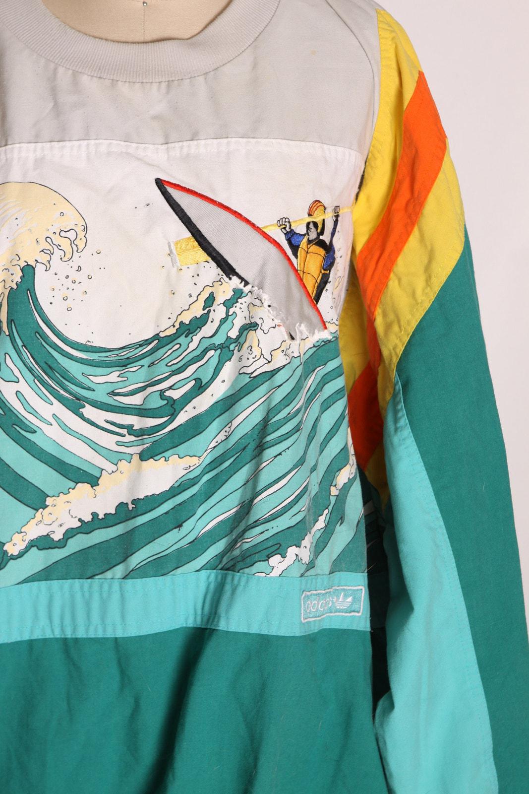1980s Teal Blue Green, Tan and Orange Long Sleeve Novelty Wave