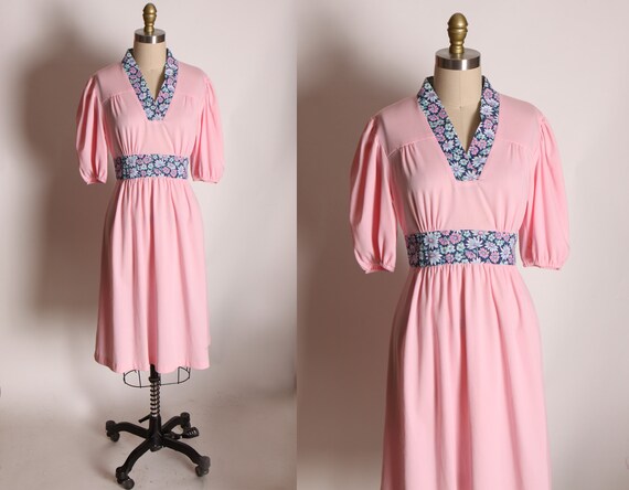 1970s Pink and Blue Floral Half Sleeve Prairie Cottagecore Dress -L