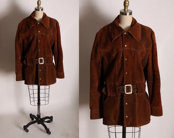 1970s Brown Leather Suede Long Sleeve Metal Snap Belted Mens Jacket Coat by Zig Zag -L
