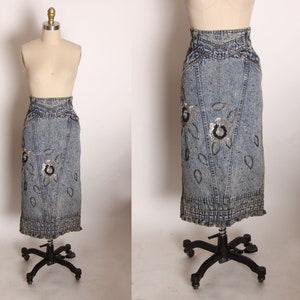 1980s Blue Denim Acid Wash Rainbow Bedazzled Silver and Black Floral Flowed Sequin Pencil Skirt by Pat & Janet L image 1