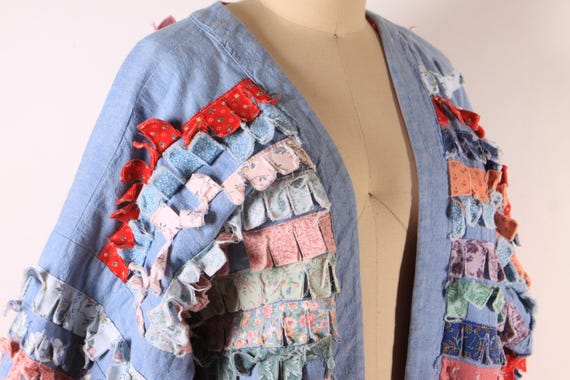 1980s Blue Chambray Multi-Colored Patchwork Quilt… - image 7