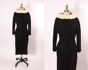 Early 1960s Black Bracelet Sleeve Button Up Bow Detail Front White Mink Collar Two Piece Skirt Suit by Lilli Ann Paris San Francisco -M