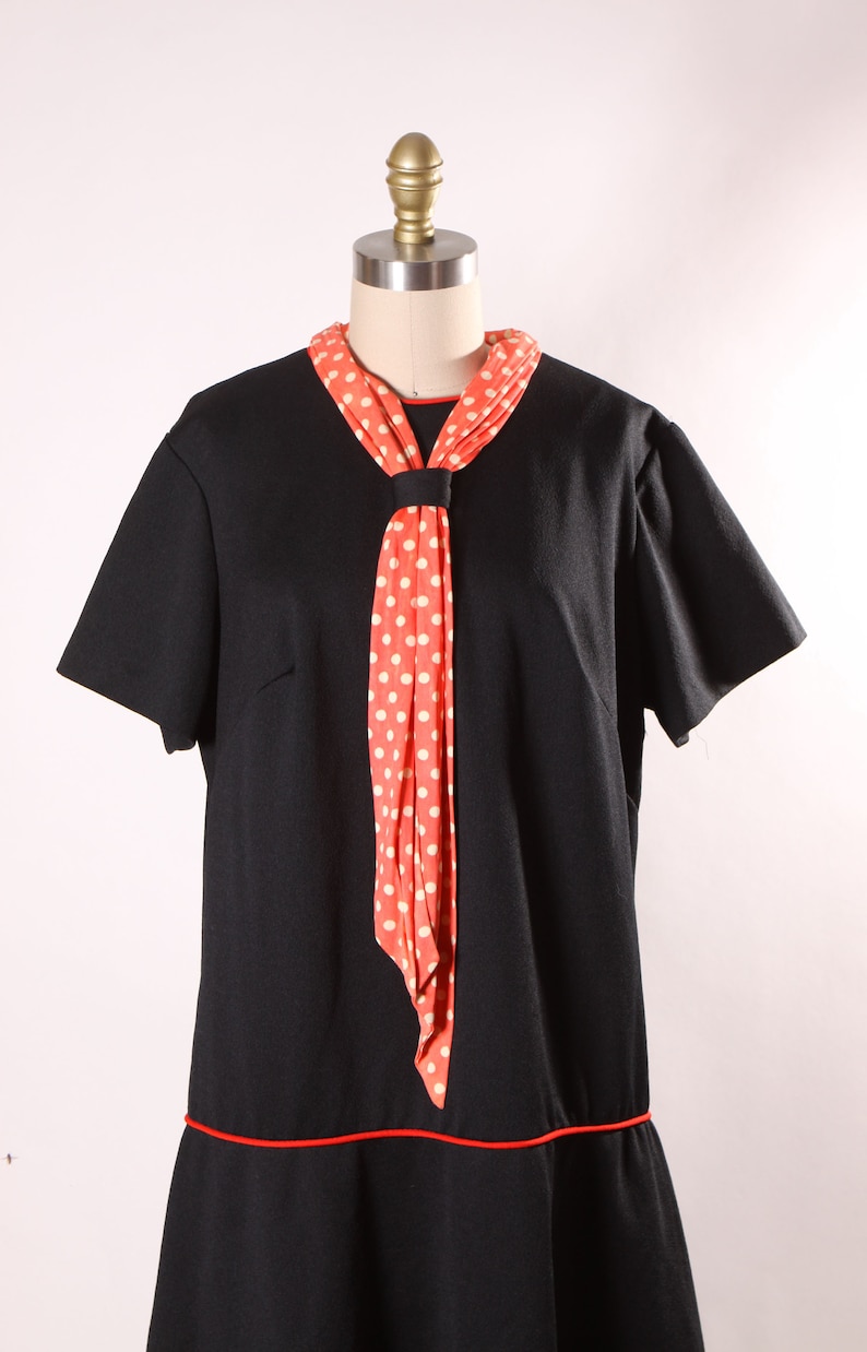 1960s Black and Red Short Sleeve Plus Size Volup Red Trim Polka Dot Scarf Scooter Dress by ShipShape XL image 3