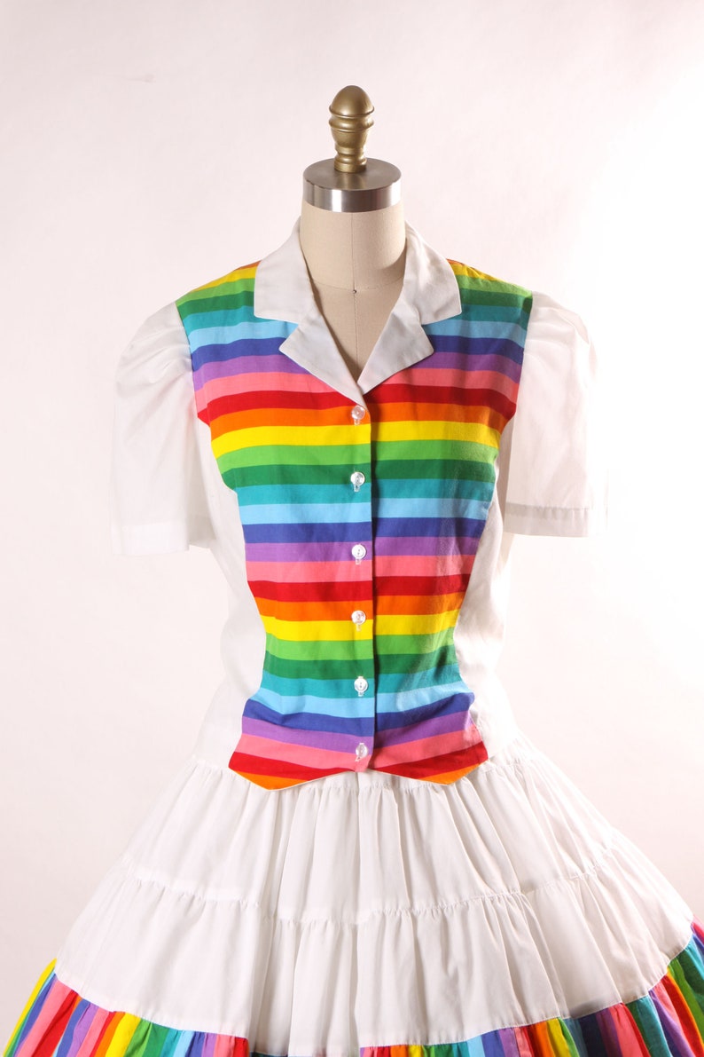 1980s White and Rainbow Print Short Sleeve Button Up Blouse with Matching Square Dance Skirt Two Piece Outfit L image 2