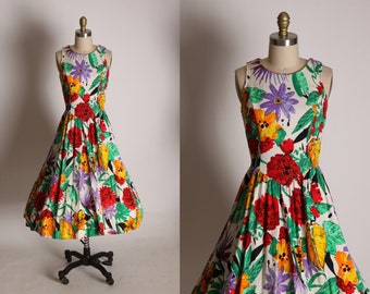 1980s Does 1950s Multi-Colored Red, Green, Purple and Orange Floral Tropical Sleeveless Fit and Flare Dress by SMW Style My Way -XS
