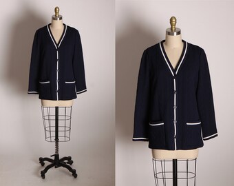 Late 1960s Early 1970s Navy Blue and White Knit Button Up Cardigan Sweater by Butte Knit -L