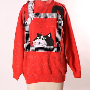 1980s Red, Black and White Novelty Cat Ribbon Detail Paint Splatter Long Sleeve Pullover Sweatshirt by Sunbelt