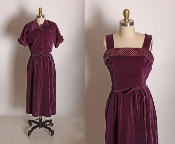 1950s Purple Wide Strap Belted Gold Detail Wiggle Dress with Matching Short Sleeve Jacket by Koret of California