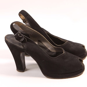 1940s Black Open Toe Slingback High Heel Pumps Shoes by I. Miller
