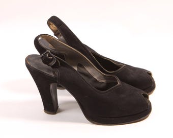 1940s Black Open Toe Slingback High Heel Pumps Shoes by I. Miller