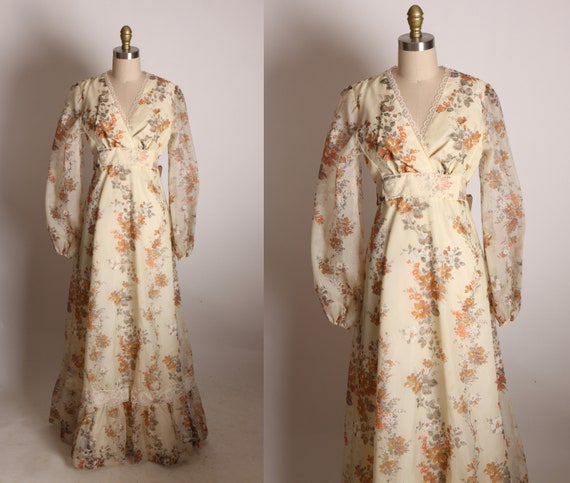 1970s Sheer Overlay Cream, Brown and Tan Floral Boho Cottagecore Gunne Sax Style Long Sleeve Dress -S