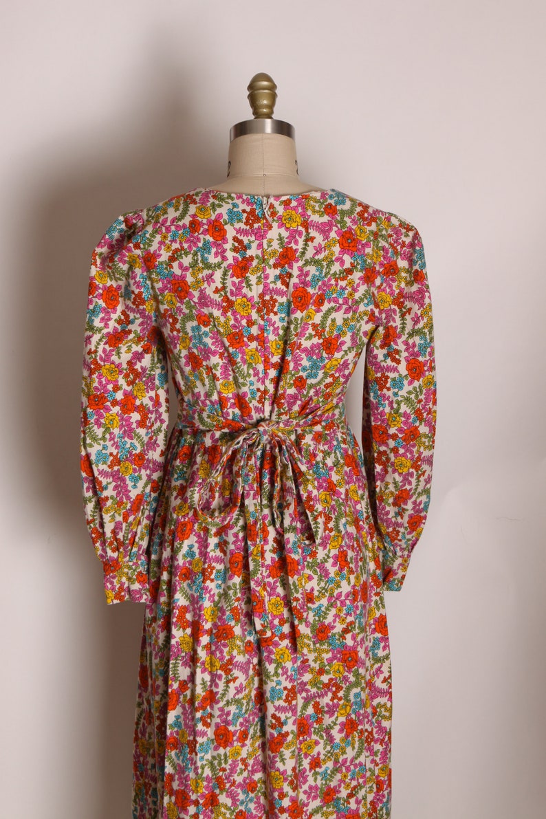 1970s Pink, Red and Blue Floral Flower Power 3/4 Length Sleeve Prairie Cottagecore Dress M image 8