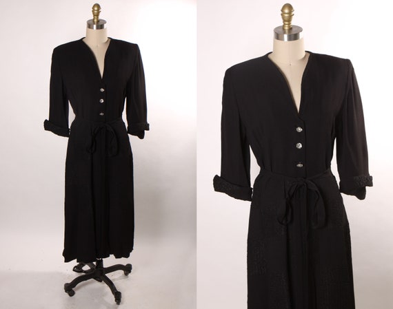 1940s 3/4 Length Sleeve Black Checker Style Rhinestone Button Dress -M