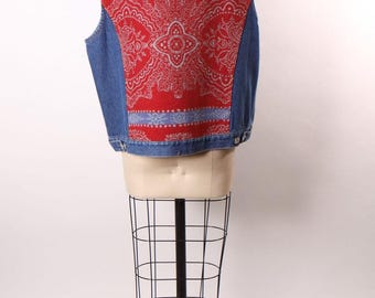 1990s Blue Denim and Red Wool Button Down Vest by Pendleton -XL