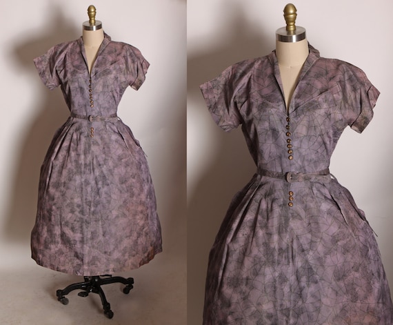 1950s Light Purple and Gray Short Sleeve Hip Pocket Novelty Spiderweb Spider Fit and Flare Belted Dress
