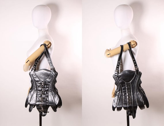 Early 2000s Y2K Black Vinyl Corset Lace up Buckle Purse by Demonia