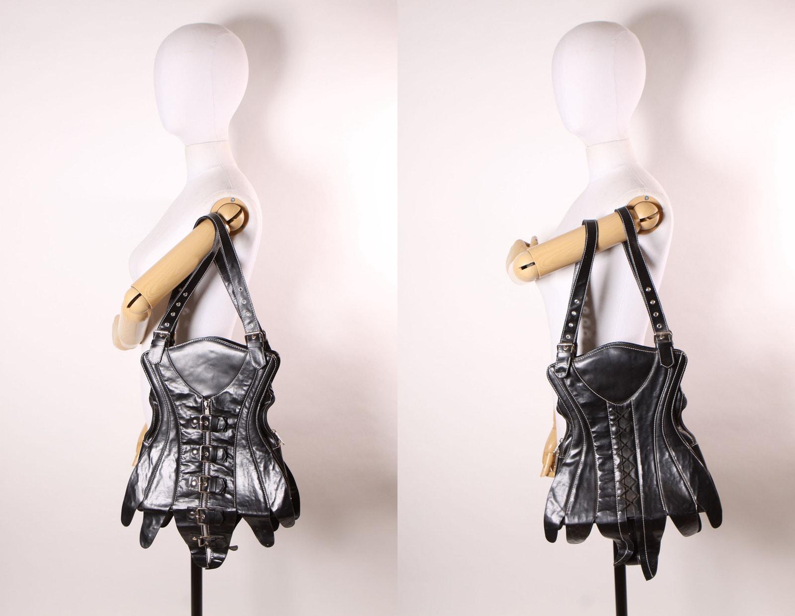 Early 2000s Y2K Black Vinyl Corset Lace up Buckle Purse by Demonia