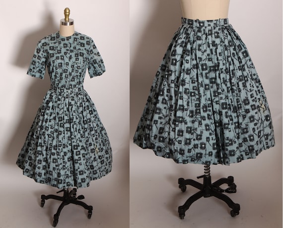 1950s Steel Blue and Gray Abstract Atomic Half Sleeve Button Up Blouse with Matching Fit and Flare Skirt Two Piece Outfit by Dutchmaid -S