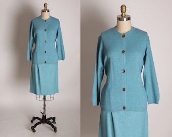 1960s Blue Wool Button Down Front Sweater with Blue Wool Pencil Skirt Suit Set by Woolf Brothers and Sloat -XS