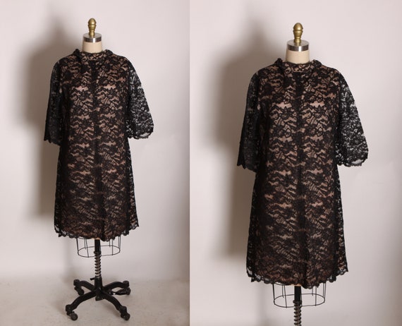 1960s Sheer Black Lace Overlay Nude Illusion Nude Tone 3/4 Length Sleeve Dress -L