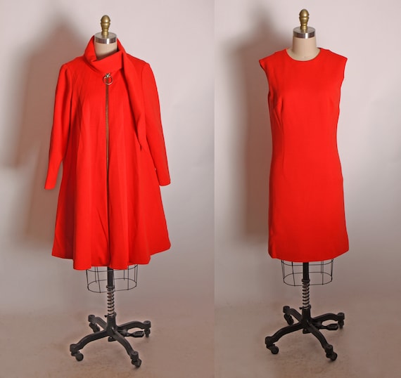 1960s Red Sleeveless Shift Dress with Matching Pleated Wrap Scarf Collar Tent Zip Up Coat Outfit by Lilli Ann -XS
