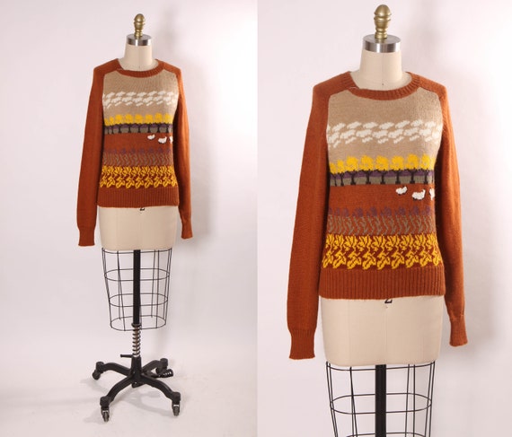 1970s Clay Brown Long Sleeve Novelty Scenic and Sheep Acrylic Knit Pullover Sweater by Chianti -L