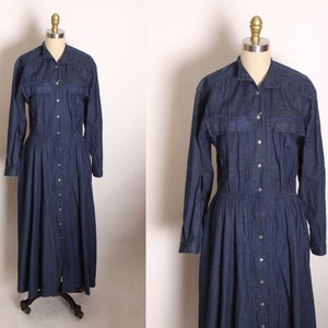 1980s Blue Denim Button Up Fit and Flare Long Sleeve Dress by Andrew Harvey L image 1