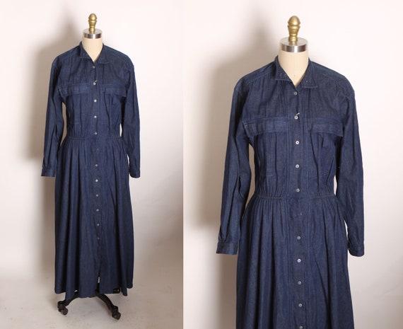 1980s Blue Denim Button Up Fit and Flare Long Sleeve Dress by Andrew Harvey -L