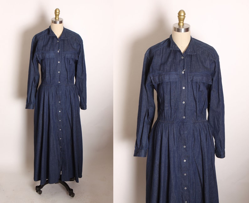 1980s Blue Denim Button Up Fit and Flare Long Sleeve Dress by Andrew Harvey L image 1