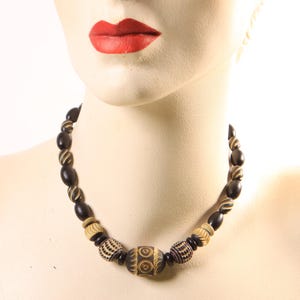 1920s 1930s Black and Cream Carved French Galalith Beaded  Art Deco Necklace