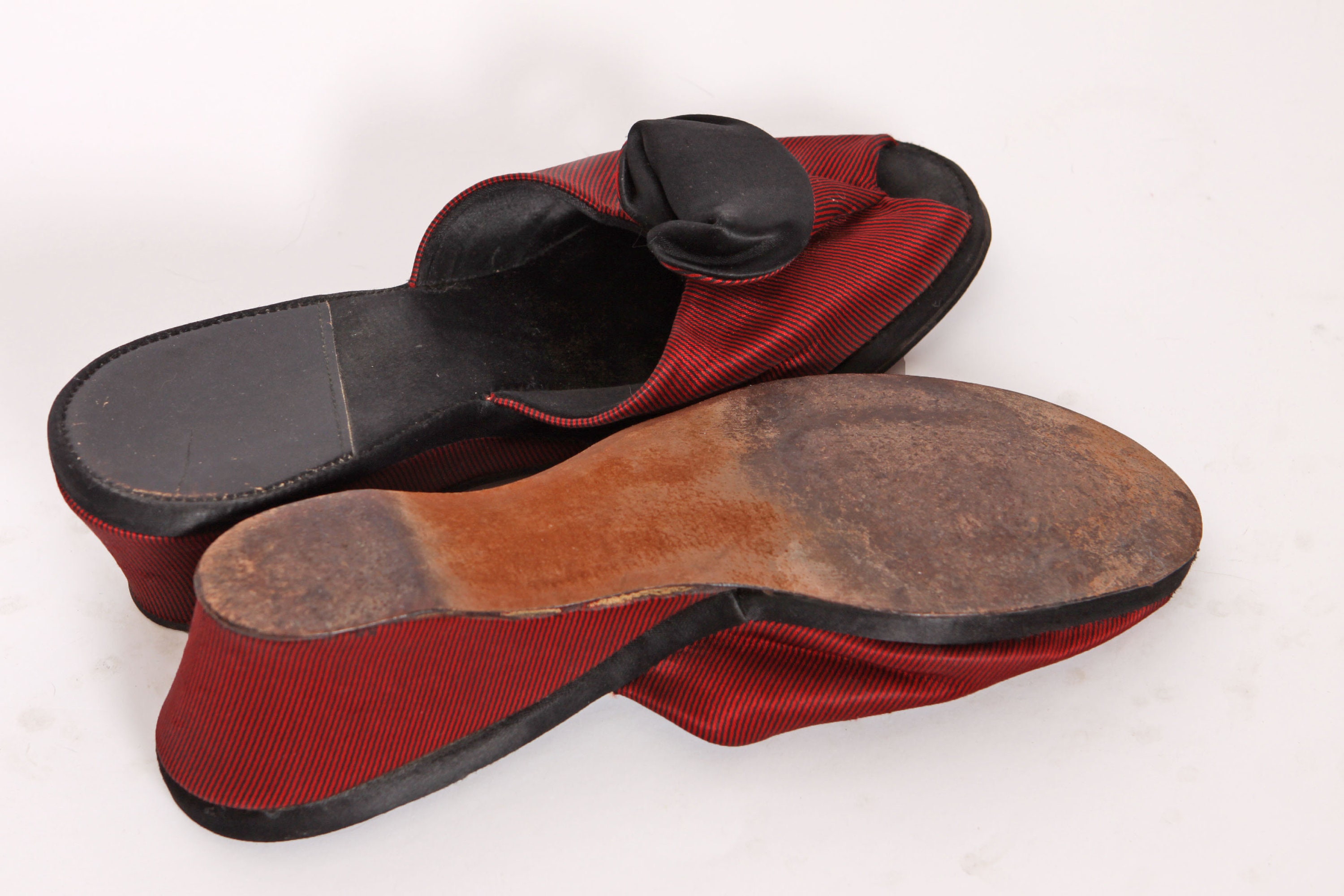 1940s Red and Black Striped Open Toe Peep Toe Boudoir Bed Slippers ...