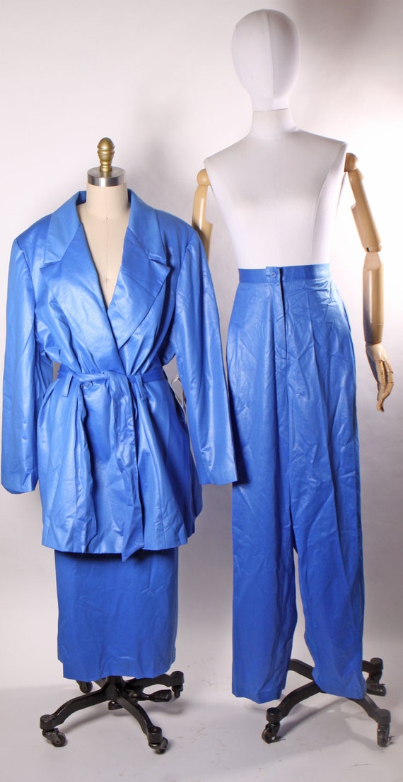 Deadstock 1980s Blue Long Sleeve Belted Blazer Jacket with Matching High Waisted Pants and Pencil Skirt Wardrober by Harvey Z -3XL-4XL