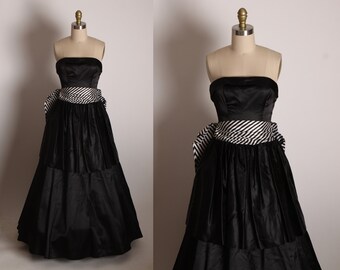 1980s Black and Blue Asymmetrical Strapless High Cut Front Hostess Overskirt Formal Cocktail Dress