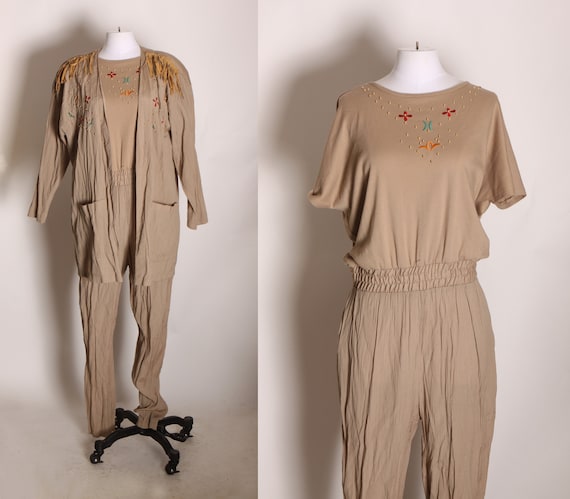 1980s Tan Short Sleeve Bedazzled and Beaded One apiece Jumpsuit with Matching Fringe Long Sleeve Jacket by Adolfo II -M