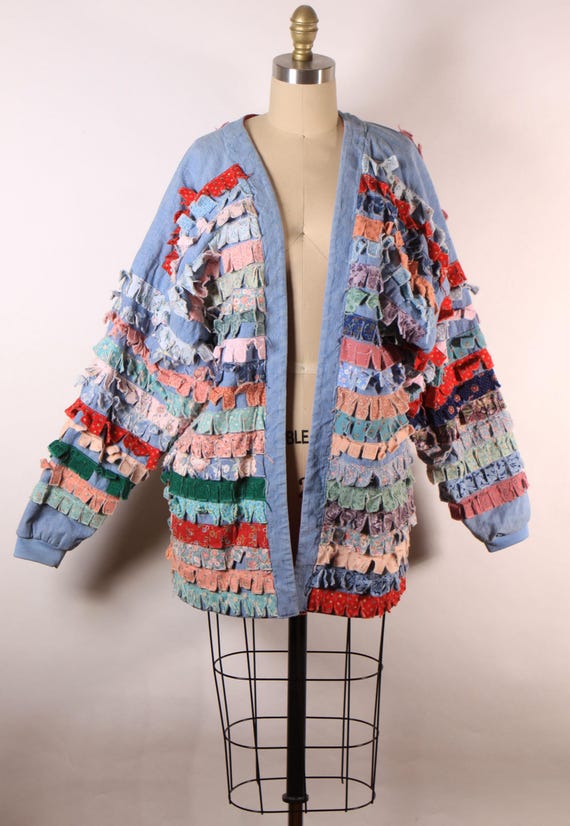 1980s Blue Chambray Multi-Colored Patchwork Quilt… - image 2