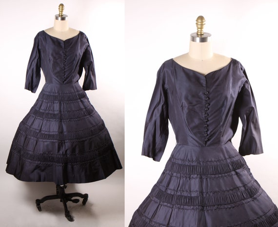 1950s Navy Blue 3/4 Length Sleeve Button Detail Fit and Flare Formal Dress -M