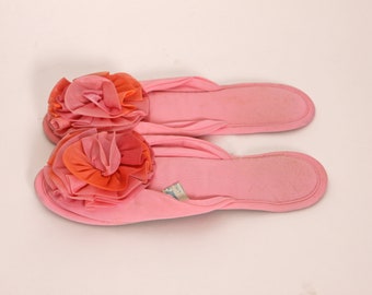 1950s Pink and Orange Puff Slip On Slippers by Marshall Field and Company