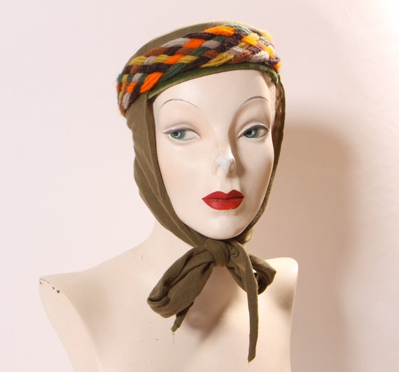 1950s 1960s Pea Green and Orange Woven Felt Pillbox with Attached Scarf Hat