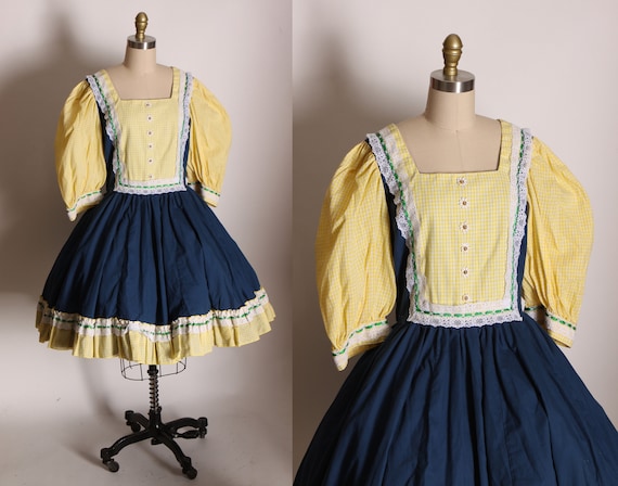 1970s Navy Blue, Yellow, White and Green Gingham Daisy Half Sleeve Western Square Dance Dress -L