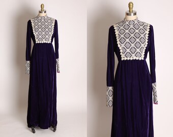 1960s Deep Purple Velvet Lace Bodice Detail Long Sleeve Full Length Cottagecore Prairie Dress by Brides World -M