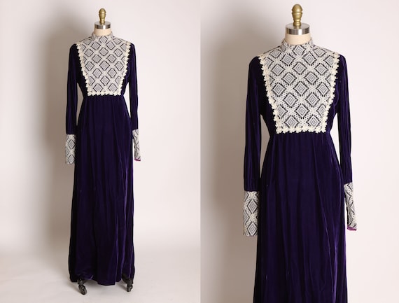1960s Deep Purple Velvet Lace Bodice Detail Long Sleeve Full Length Cottagecore Prairie Dress by Brides World -M