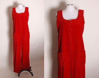 1970s Red Velvet Corduroy Sleeveless One Piece Zip Up Front Romper Jumpsuit -L