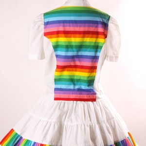 1980s White and Rainbow Print Short Sleeve Button Up Blouse with Matching Square Dance Skirt Two Piece Outfit L image 10