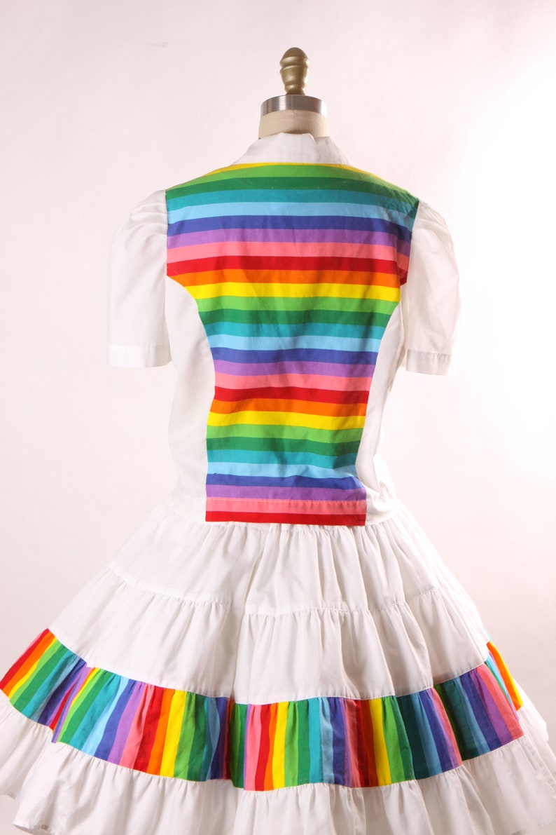 1980s White and Rainbow Print Short Sleeve Button Up Blouse with Matching Square Dance Skirt Two Piece Outfit L image 10