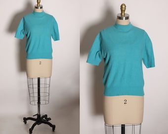 1950s Turquoise Blue Short Sleeve Pullover Sweater Blouse by Bradley -L
