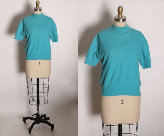1950s Turquoise Blue Short Sleeve Pullover Sweater Blouse by Bradley -L