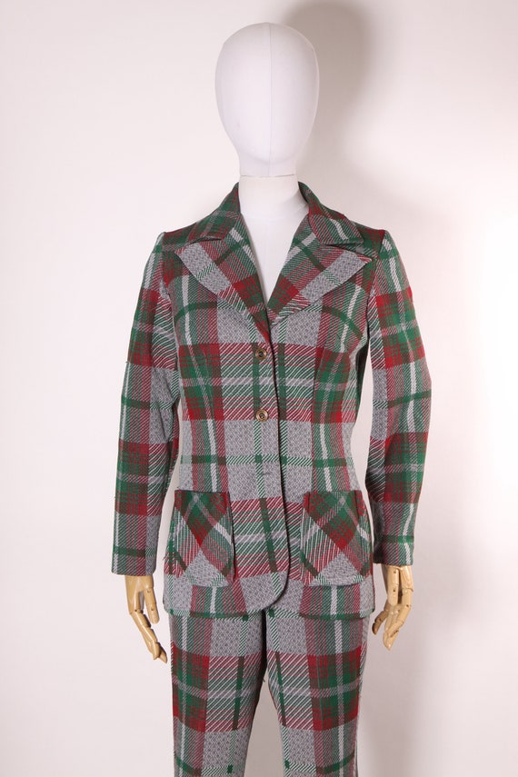 1970s Gray, Green and Red Plaid Long Sleeve Blaze… - image 2