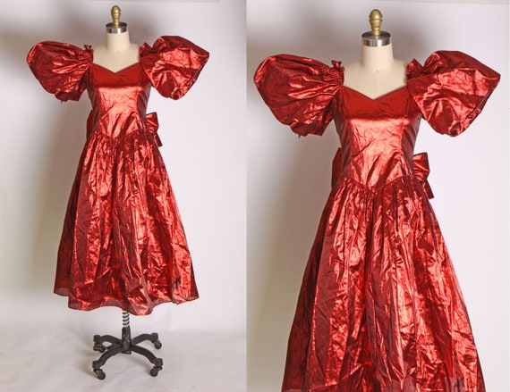 1980s Red Lame Oversized Puffy Sleeve Metallic For