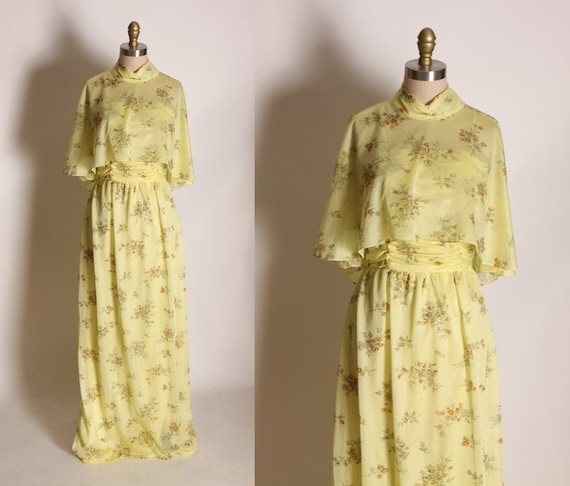 1970s Yellow and Tan Floral Spaghetti Strap Full Length Dress with Matching Sheer Shawl -S