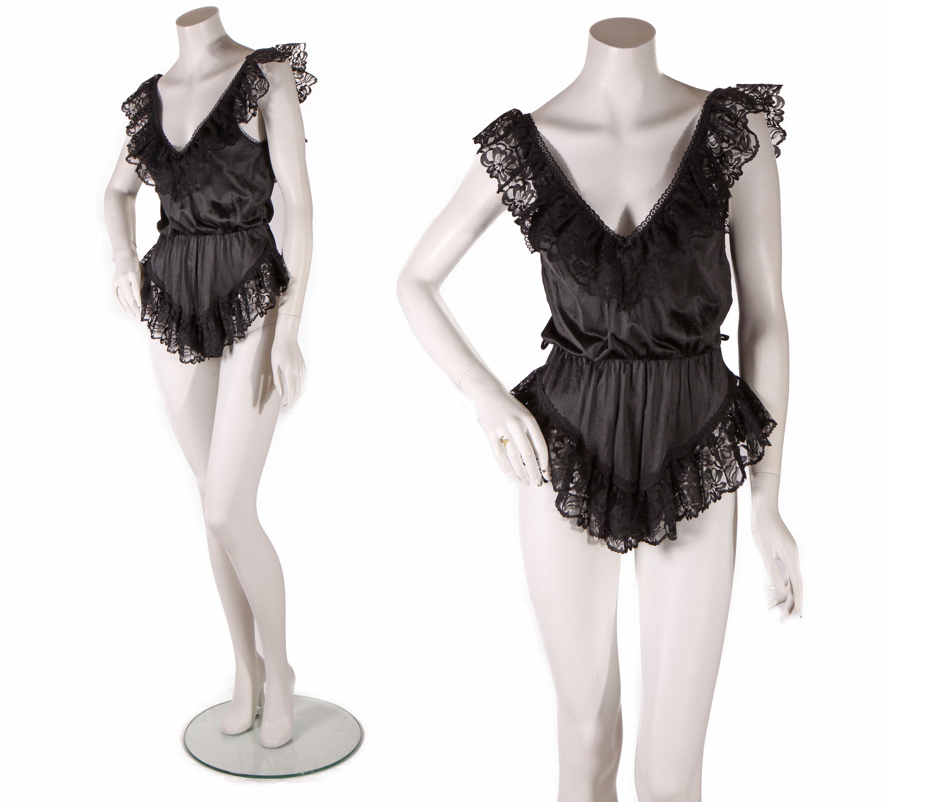 1970s 1980s Black Nylon Ruffle Lace One Piece High Cut Frilly Romper ...